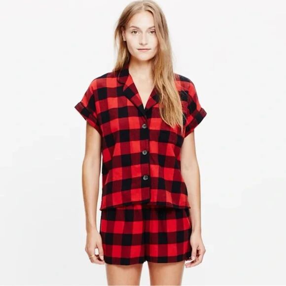 Madewell Flannel Bedtime Pajamas Red Buffalo Check - Picture 4 of 11